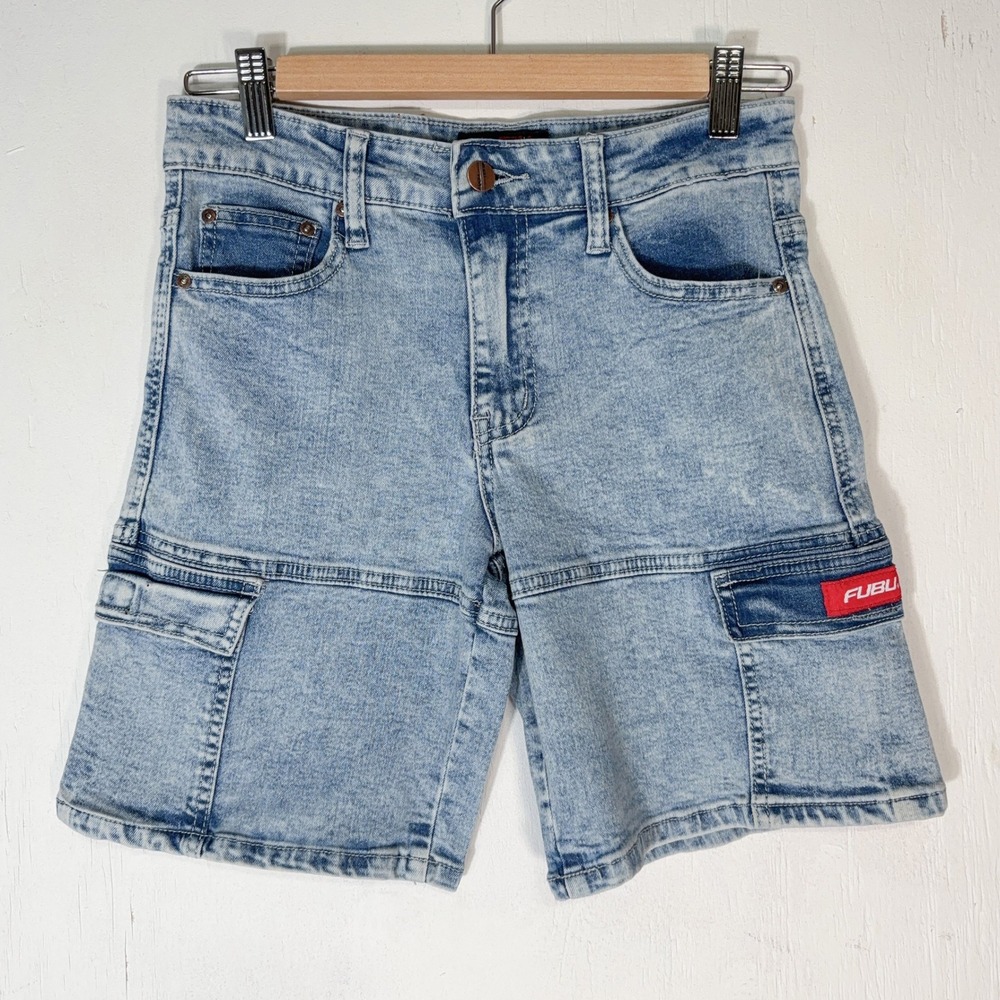 FUBU Cargo Shorts Youth 12 Blue Acid Wash Denim Streetwear Retro Utility